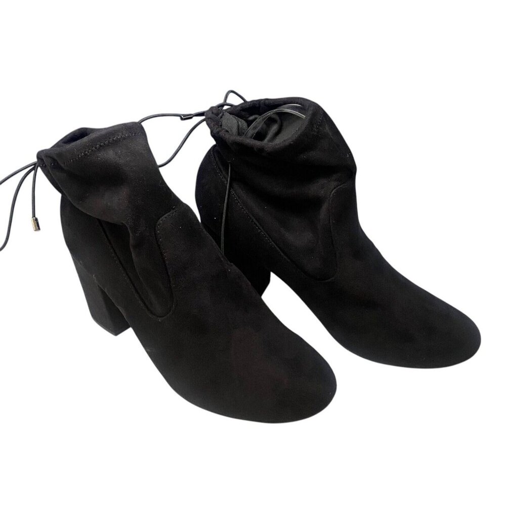 HEART IN D Women Tie Ankle Faux Suede 3" Heel Booties Sz 9 Black Versatile‎ S-2